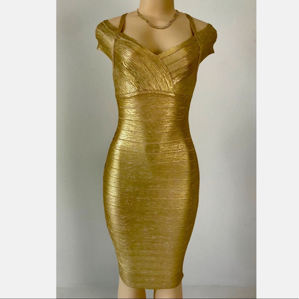 Stunning gold wrap off shoulder bandage dress